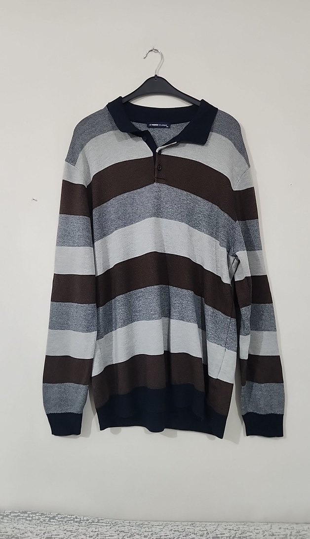 Gri Kahve Çizgili Polo Yaka Erkek Triko - Görsel 2