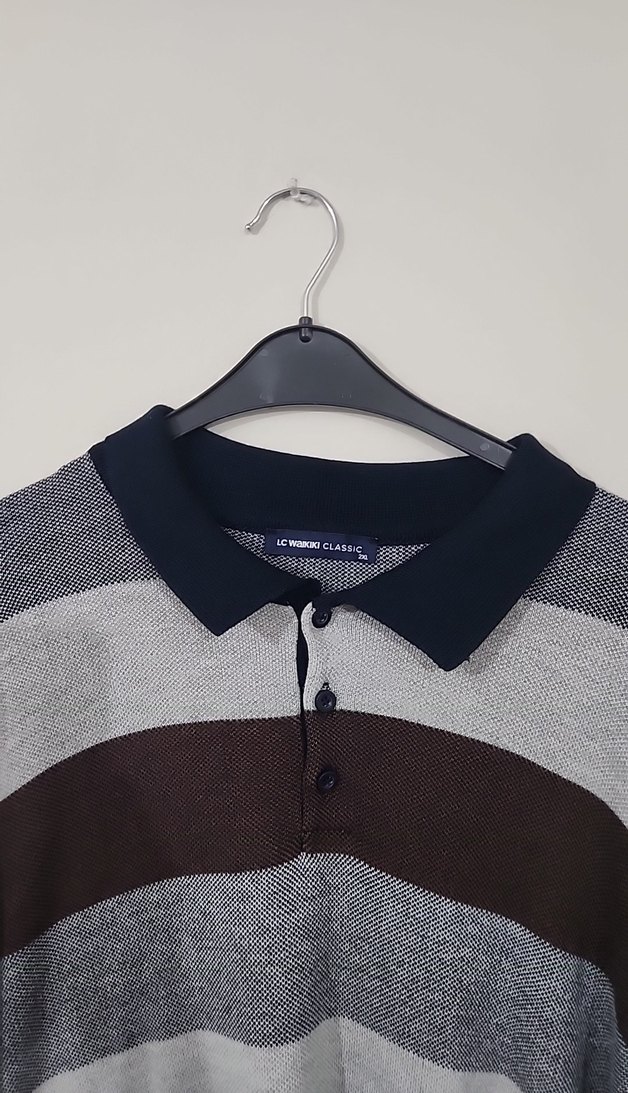 Gri Kahve Çizgili Polo Yaka Erkek Triko - Görsel 3