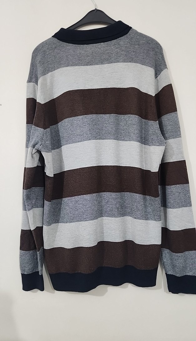 Gri Kahve Çizgili Polo Yaka Erkek Triko - Görsel 4