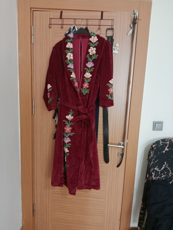 Bordo Nakışlı Bohem Kadın Uzun Kollu Uzun sabahlık - Görsel 4