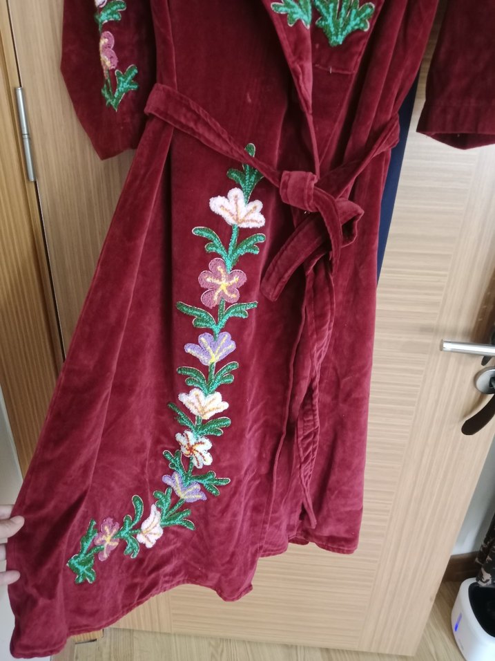 Bordo Nakışlı Bohem Kadın Uzun Kollu Uzun sabahlık - Görsel 2