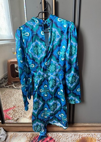 Uzun Kollu Mavi Batik Desenli Bohem Tunik