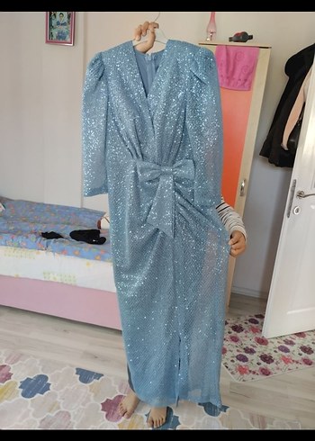 Abiye Mavi Drapeli Uzun Abiye Elbise