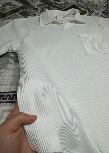 Erkek  Fitilli Beyaz Kısa Kollu Polo Tişört - Görsel 2