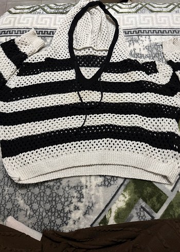 Siyah Ajurlu kapşonlu triko kazak - Görsel 3