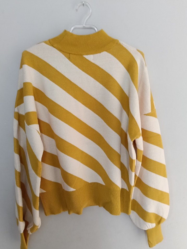 Sarı Çizgili Örgü Kadın Kazak - Görsel 2