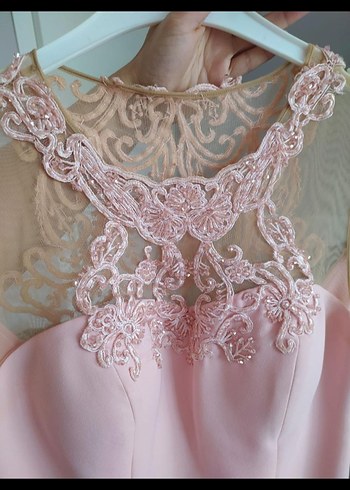 Dantel Detaylı Pembe Uzun Abiye Elbise - Görsel 3