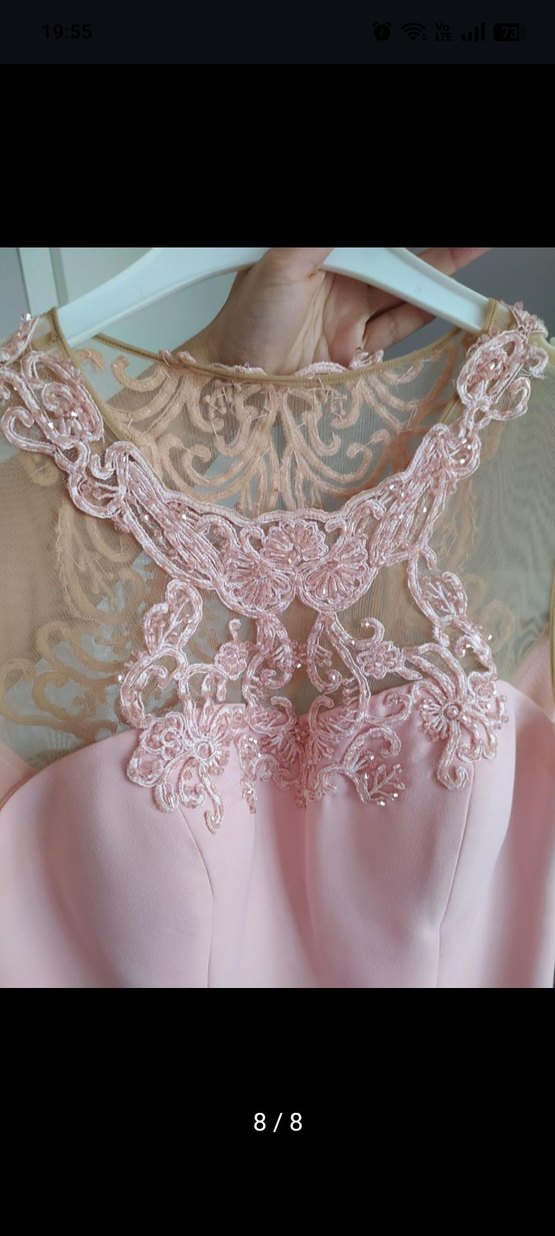 Dantel Detaylı Pembe Uzun Abiye Elbise - Görsel 3