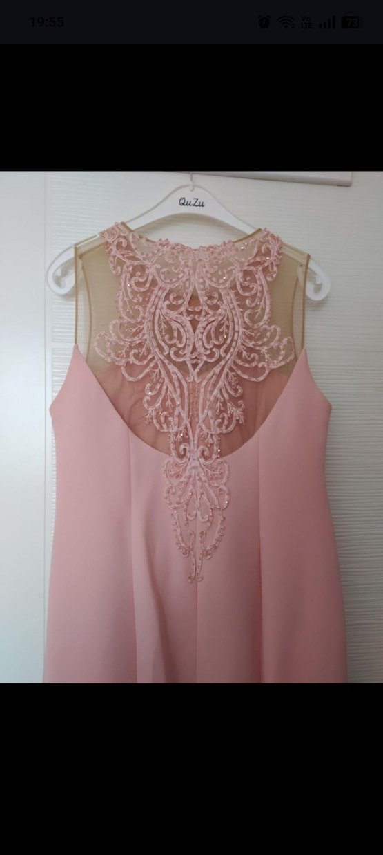 Dantel Detaylı Pembe Uzun Abiye Elbise - Görsel 2