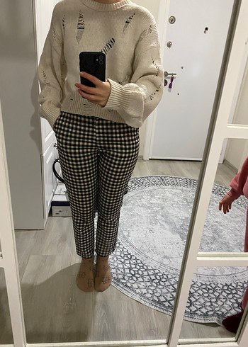 Bej Ekose Kadın Sigara Pantolon - Görsel 2