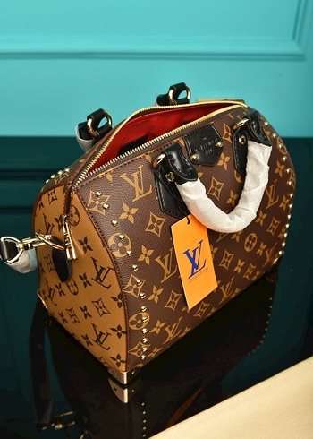 Lv Kahverengi Deri Zımbalı Fermuarlı Kadın Çanta - Görsel 7