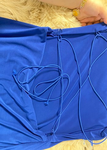 Parlak Mavi Drapeli Uzun Hamile Eteği - Görsel 5