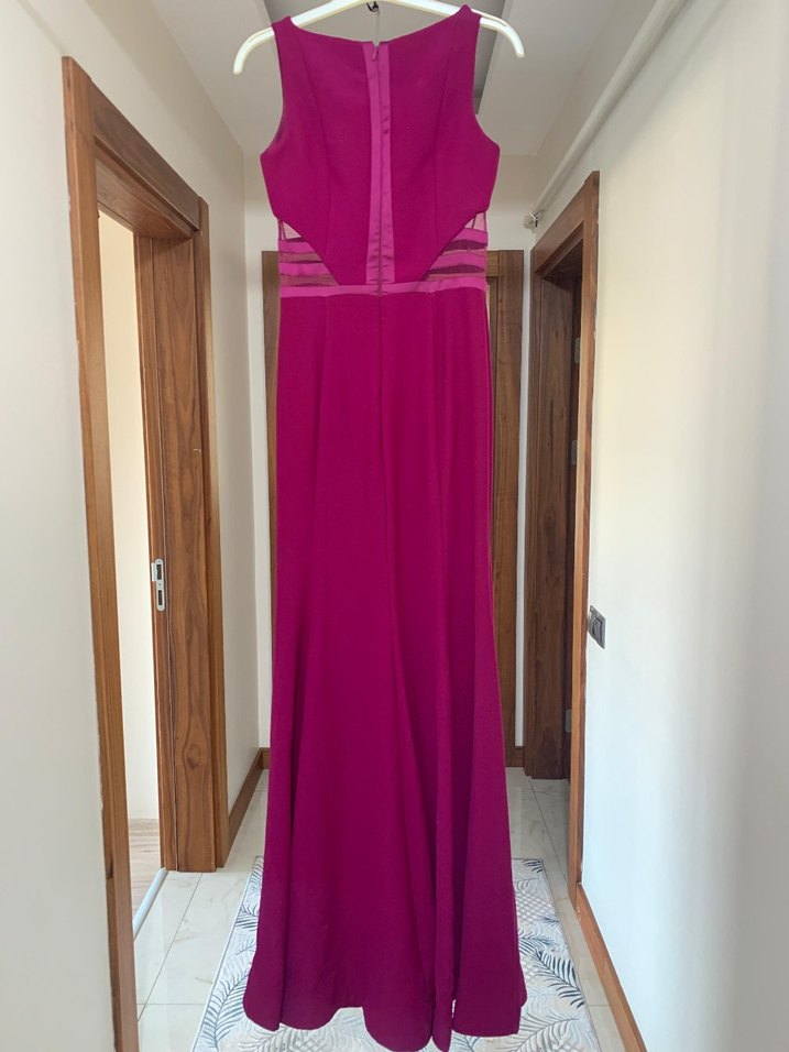 Bordo Uzun Drapeli V Yaka Abiye Elbise - Görsel 2