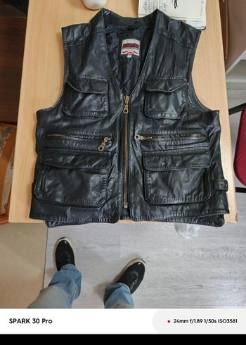 Siyah Deri Kolsuz Biker Yelek - Görsel 4