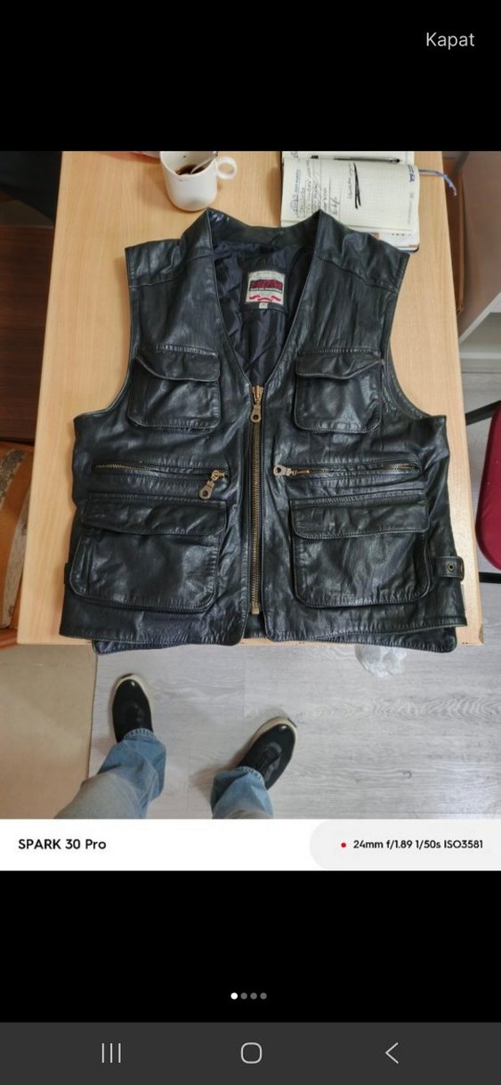 Siyah Deri Kolsuz Biker Yelek - Görsel 4