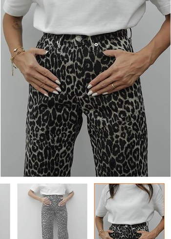 34 Beden Gri Leopar Desenli Kadın Kot Pantolon
