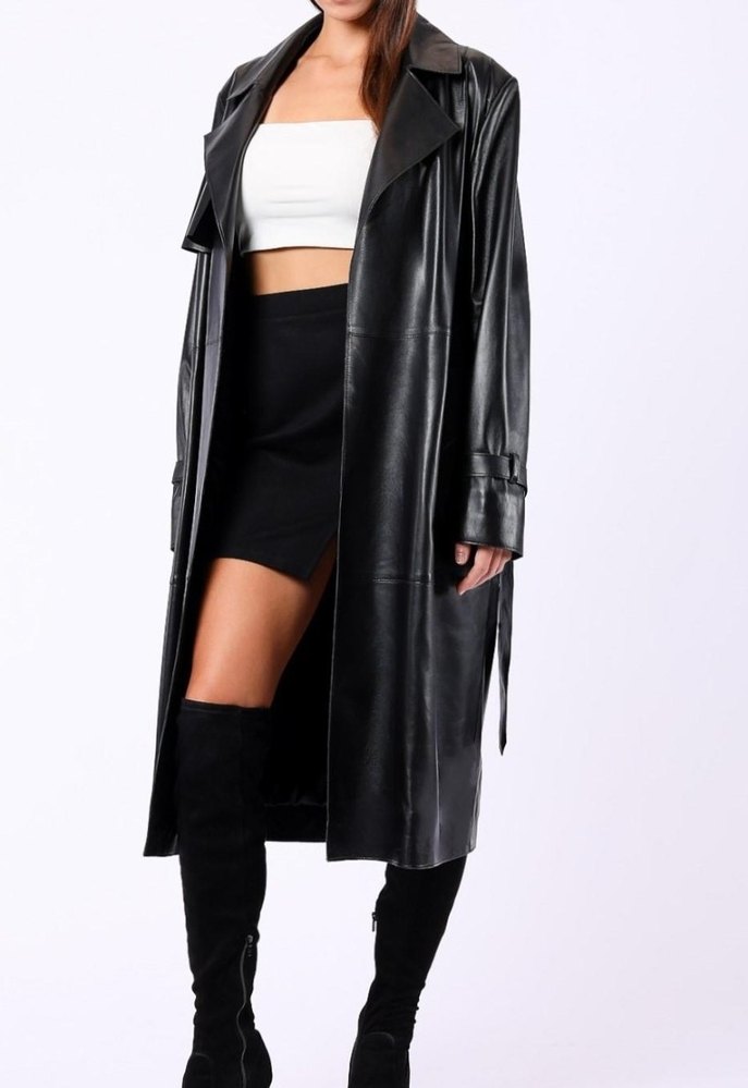 Kadın Siyah Deri Uzun Kemerli Trençkot - Görsel 2