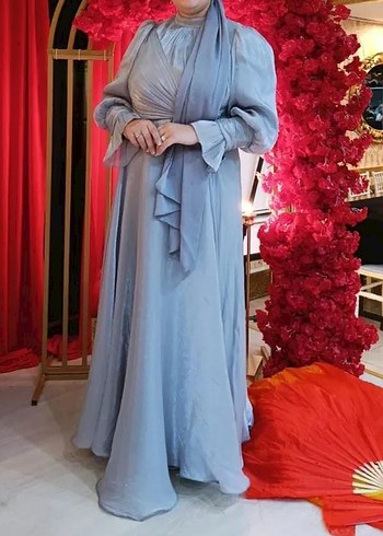 Gri Uzun Drapeli Abiye Elbise - Görsel 3