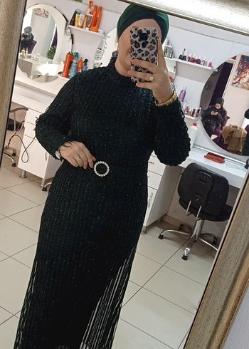 Zümrüt yeşili Uzun Kollu Piliseli Abiye Elbise - Görsel 3