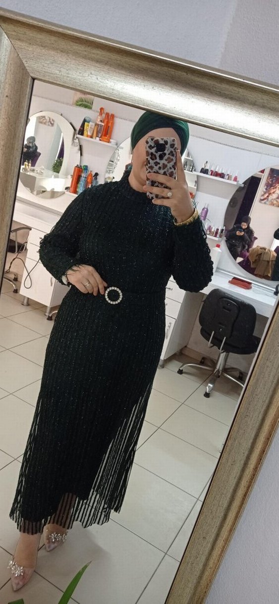 Zümrüt yeşili Uzun Kollu Piliseli Abiye Elbise - Görsel 3