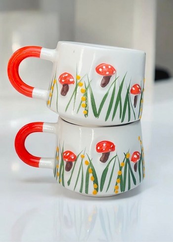 Renkli Saplı Mantar Desenli Beyaz Kupa - Görsel 5