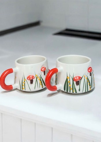 Renkli Saplı Mantar Desenli Beyaz Kupa - Görsel 4