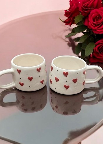 Kırmızı Kalp Desenli Beyaz Seramik Kupa - Görsel 4