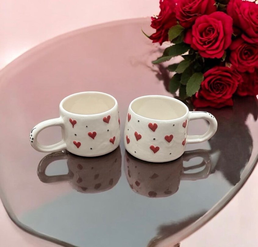 Kırmızı Kalp Desenli Beyaz Seramik Kupa - Görsel 4