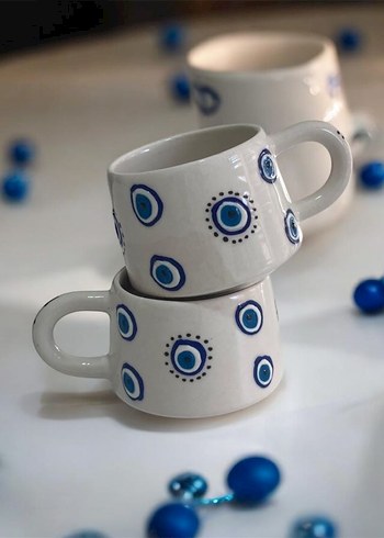 Mavi Nazar Desenli Beyaz Seramik Kupa - Görsel 5