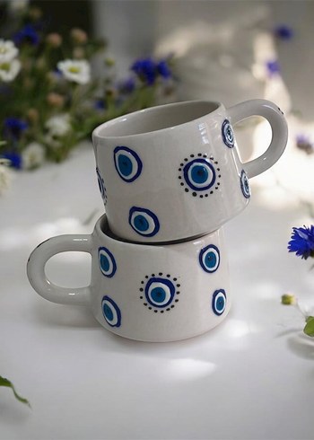 Mavi Nazar Desenli Beyaz Seramik Kupa - Görsel 6