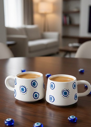 Mavi Nazar Desenli Beyaz Seramik Kupa - Görsel 2