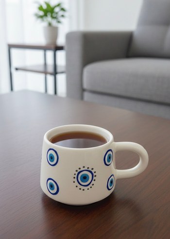 Mavi Nazar Desenli Beyaz Seramik Kupa - Görsel 4