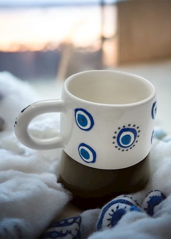 Mavi Nazar Desenli Beyaz Seramik Kupa - Görsel 8