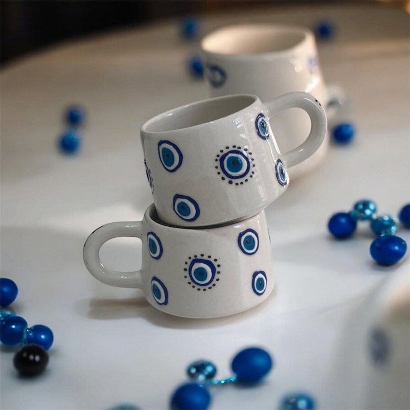 Mavi Nazar Desenli Beyaz Seramik Kupa - Görsel 5