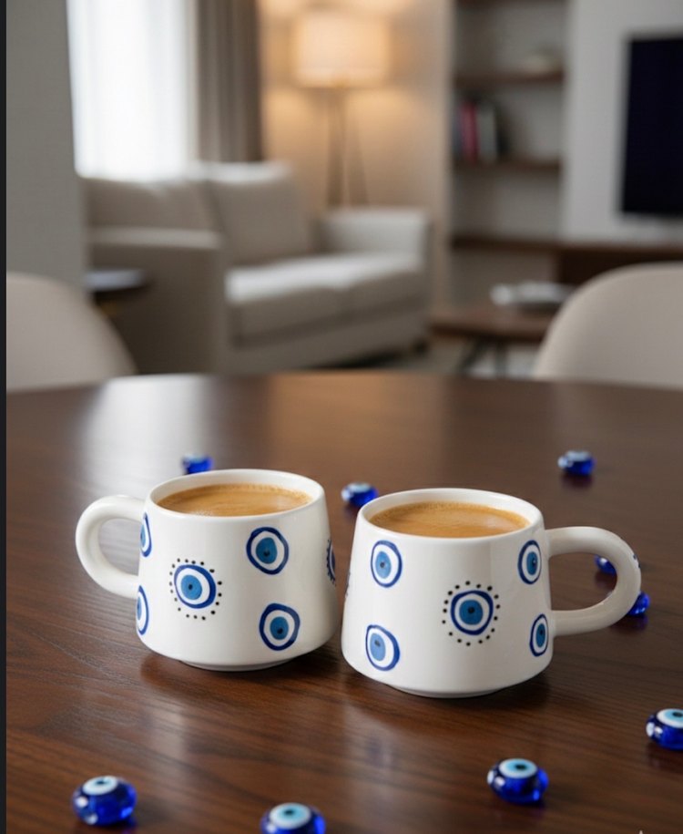 Mavi Nazar Desenli Beyaz Seramik Kupa - Görsel 2