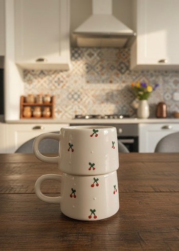 Kiraz Desenli Beyaz Seramik Kupa - Görsel 4