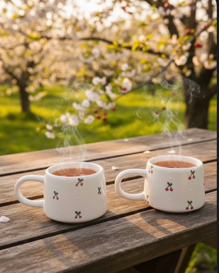 Kiraz Desenli Beyaz Seramik Kupa - Görsel 2