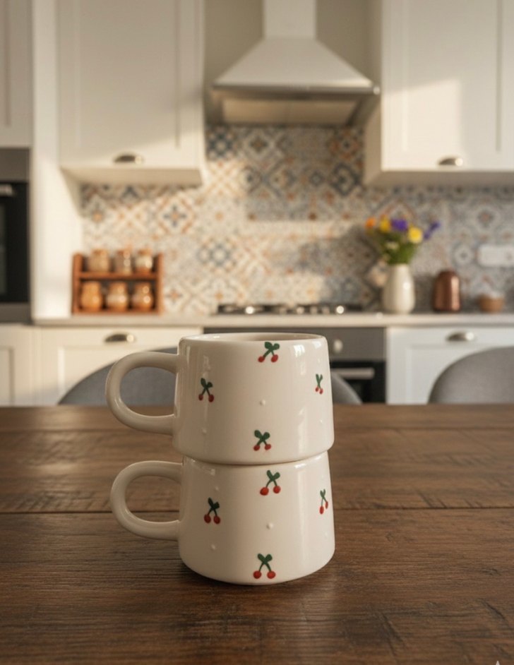 Kiraz Desenli Beyaz Seramik Kupa - Görsel 4