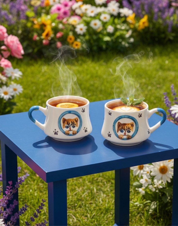 Sevimli Kedi Desenli Renkli Mavi Kupa - Görsel 4