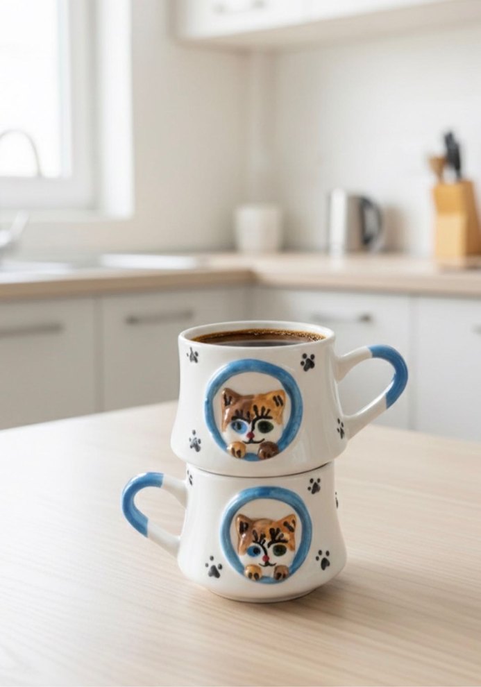 Sevimli Kedi Desenli Renkli Mavi Kupa - Görsel 2