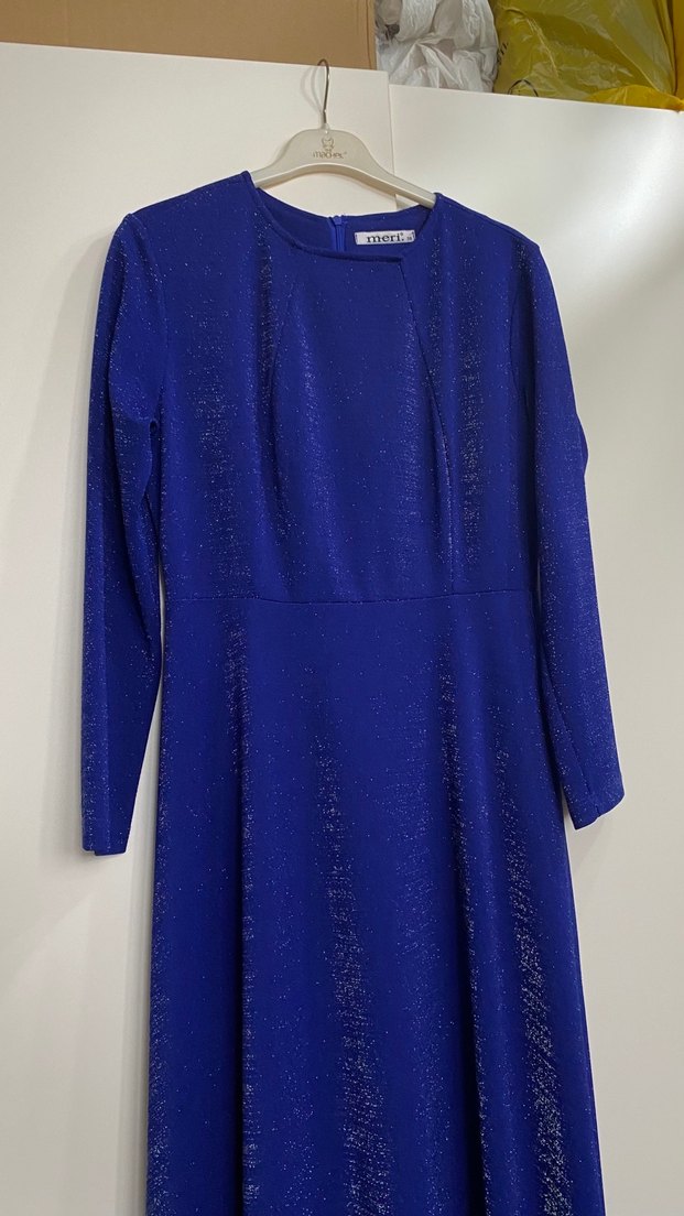 Parlak Mavi Uzun Kollu Kadın Abiye Elbise - Görsel 3