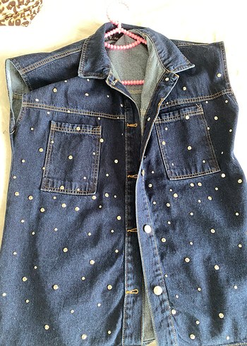 36 Beden mavi Renk Mavi Payet İşlemeli Kolsuz Kısa Denim Ceket pantolon