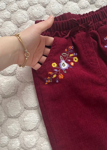 Bordo Nakışlı Bohem Kız Pantolonu - Görsel 6
