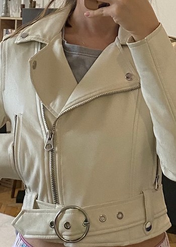 Beyaz Deri Kemerli Kadın Ceket - Görsel 11