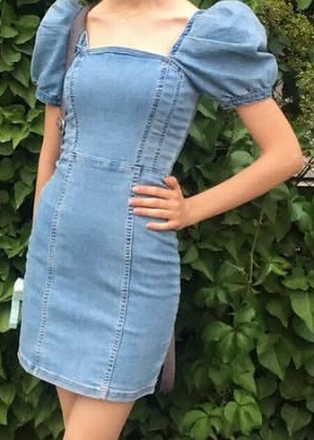 H&M Balon Kol Mavi Denim Midi Elbise