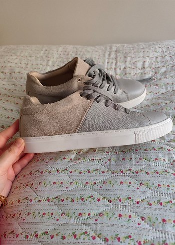 Bej Gri hakiki  deri Kadın Spor Ayakkabı - Görsel 5