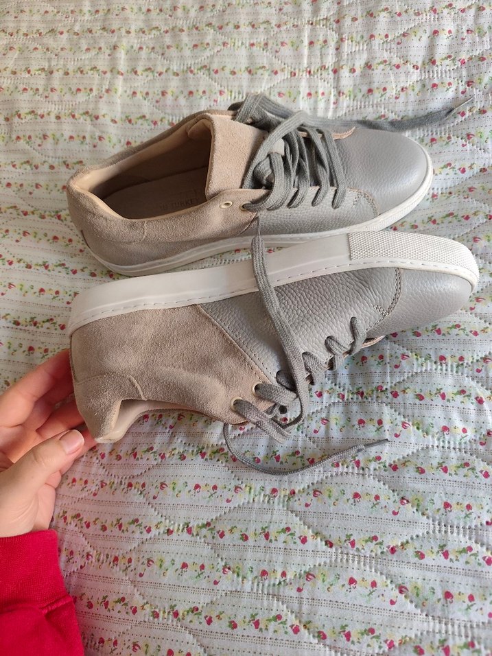 Bej Gri hakiki  deri Kadın Spor Ayakkabı - Görsel 2