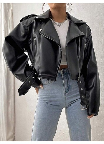 m Beden siyah Renk Kemerli Oversize Deri Ceket