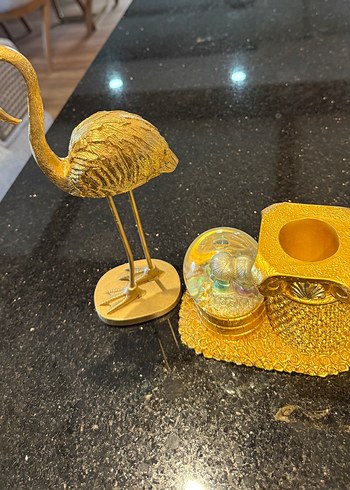 Parlak Altın Flamingo ve Mumluk Seti