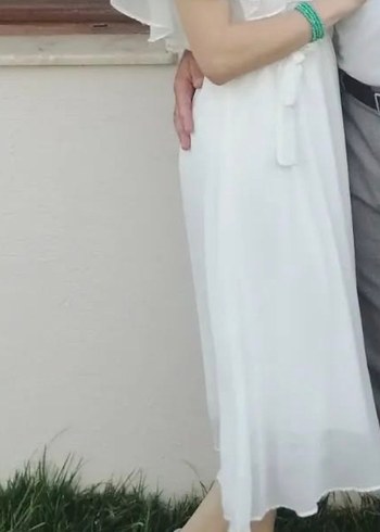 Beyaz Midi Drapeli Elbise - Görsel 3